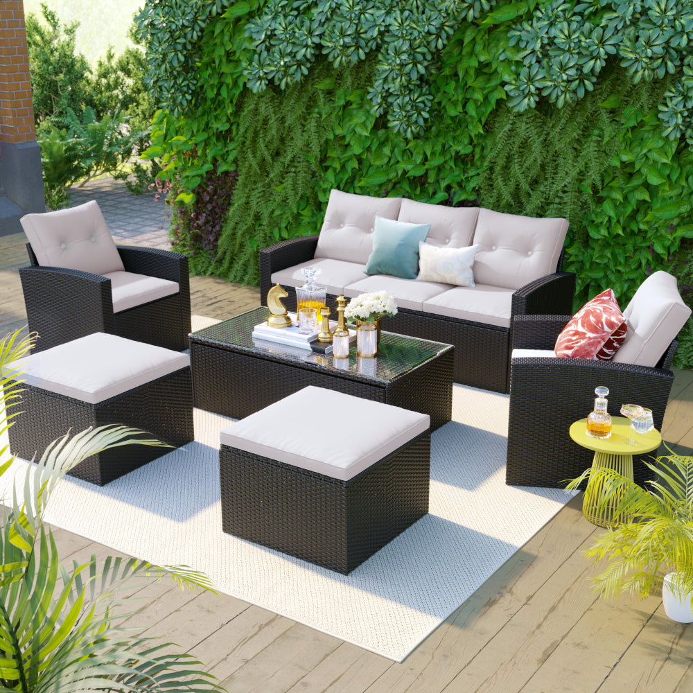 [OLD SKU FG201201AAA] 6-piece All-Weather Wicker PE rattan Patio Outdoor Dining Conversation Sectional Set with coffee table, wicker sofas, ottomans, removable cushions (Black wicker, Beige cushion)