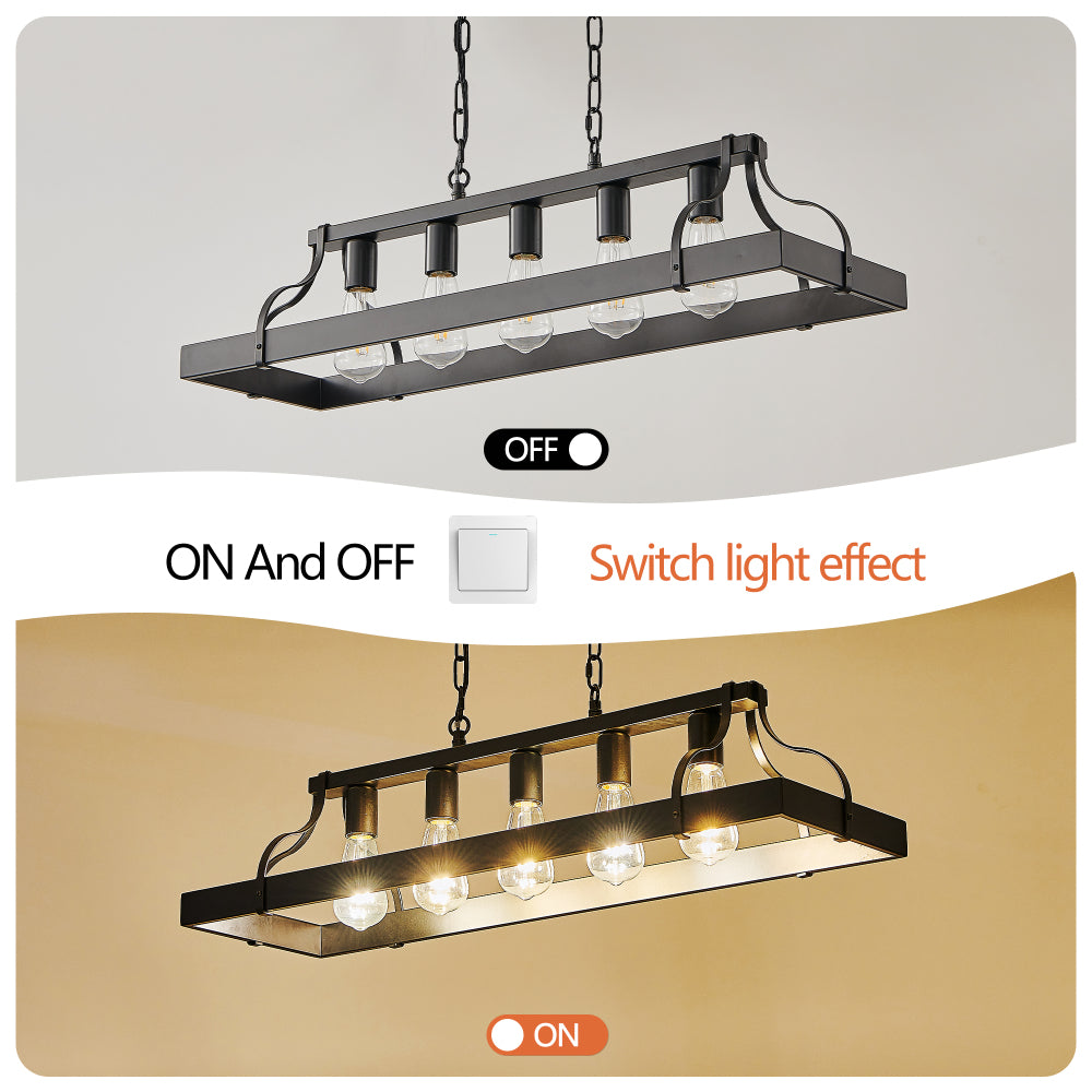 34-Inch Black Industrial Pendant Light with 5 E26 Bulb Sockets, Adjustable Chain Height – Modern Farmhouse Linear Chandelier for Dining Room, Kitchen Island, or Living Room (Bulb Not Included)