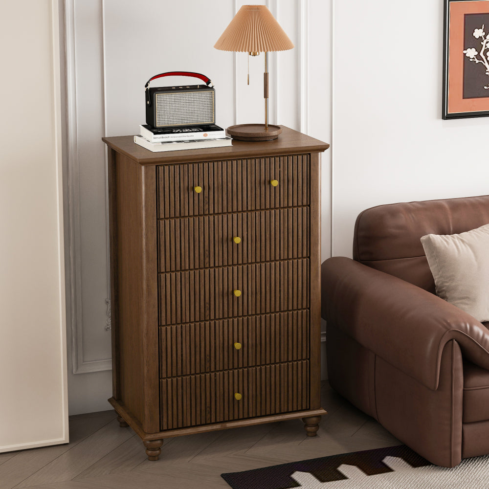 Fluted Nightstand, 21.65" Wide Side Table with 3 Drawers, Mid Century Modern Wood NightStand with Metal Handle, Wooden Bedside End Table for Bedroom, Living Room, Closet, Beige