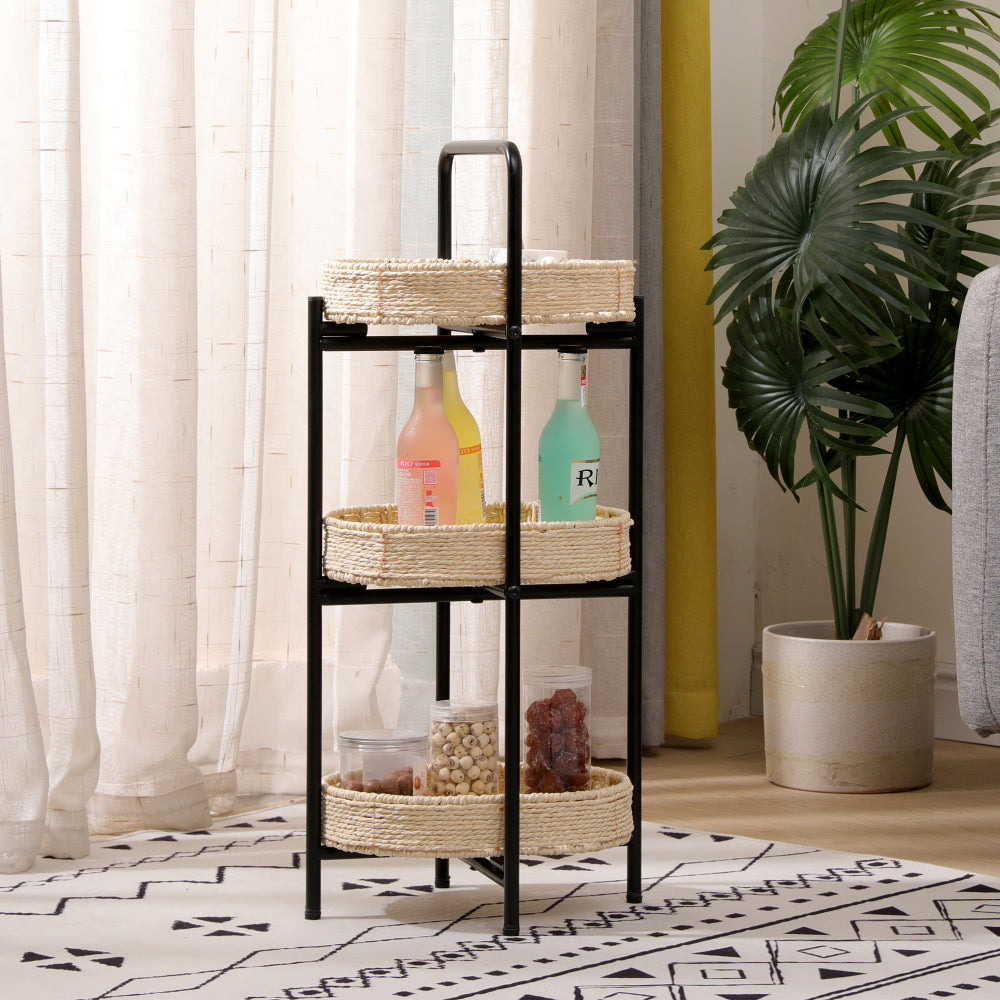 3 Tiers Tray Tables Paper Rope Woven Side Table for Living Room Kitchen Oval Storage Basket Small Shelves (Natural)