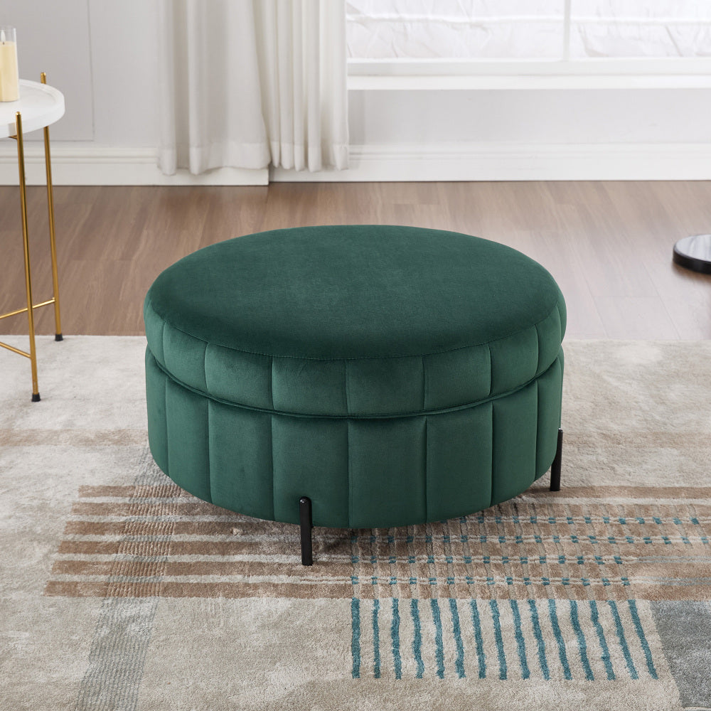 31.5"W Upholstered Round Ottoman With Reversible Lid, Velvet Storage Stool, Channel Tufted Pumpkin-shape Footstool for Living room, Bedroom and Office, Green