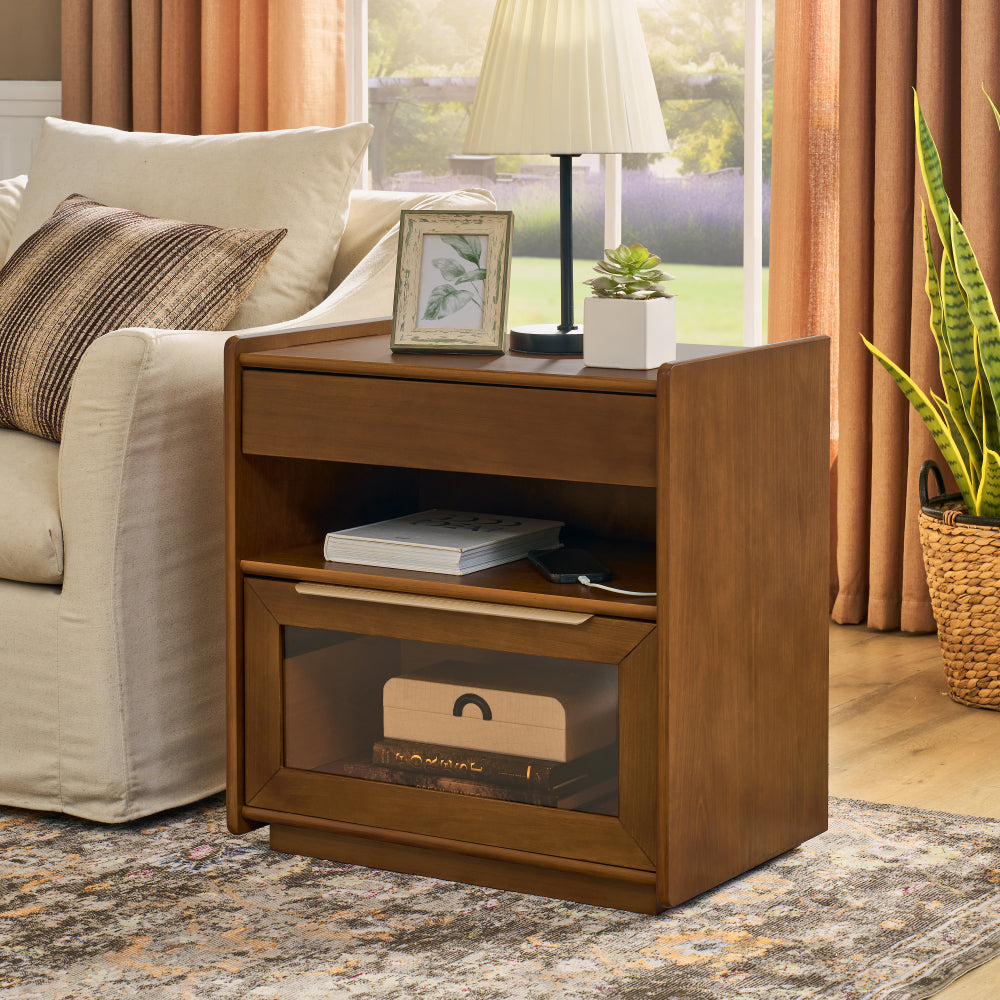 Mid Century Modern Nightstand with Charging Station & Outlet Hole & 2 Drawers, Farmhouse End Table with Open Shelf & Glass Drawer Dresser, Side Cabinet for Living Room Reception Room Dorm, Dark Walnut