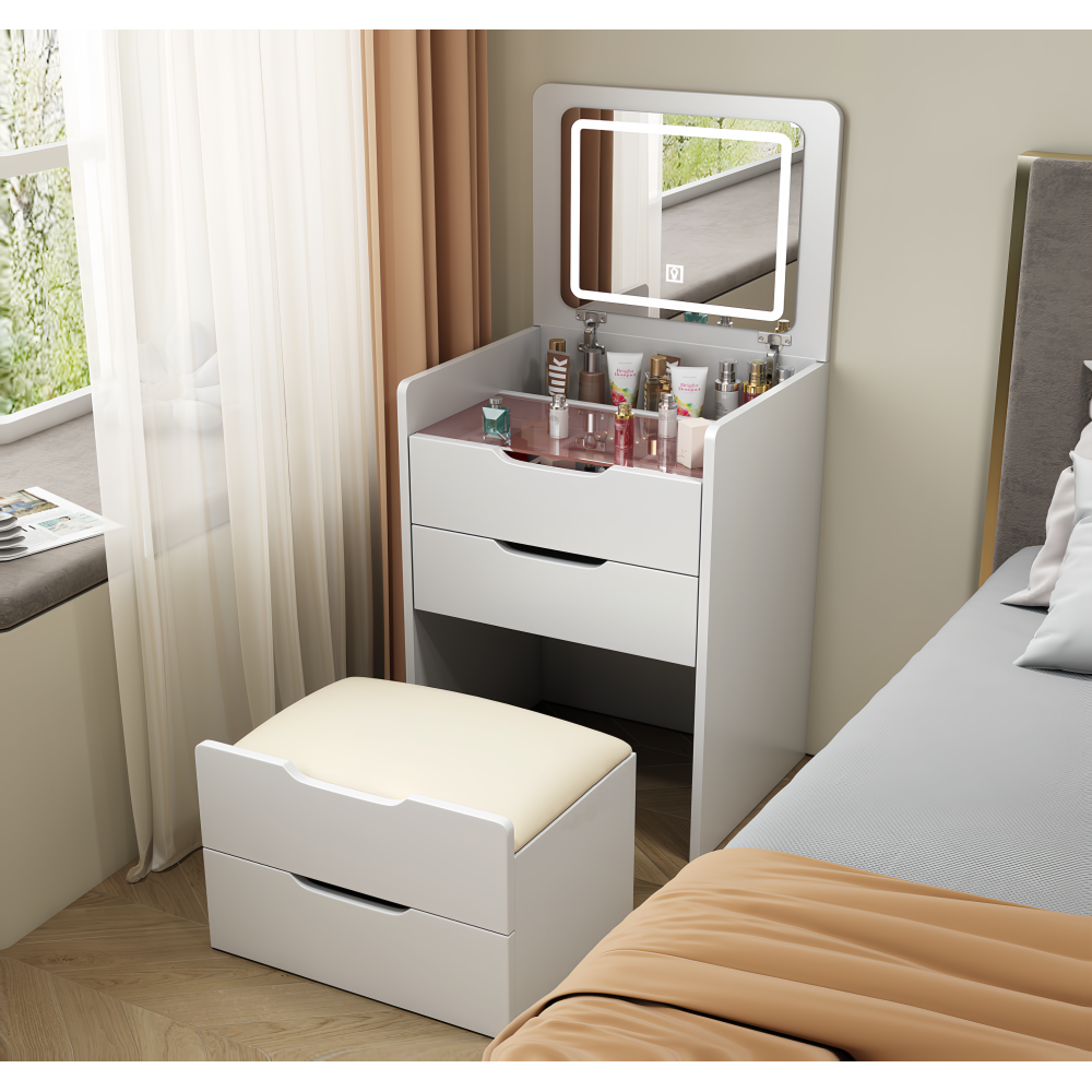 (60CM) 3 in 1 Vanity Desk with Plip Top Mirror, Small Make Up Vanity Set with Visible Glass Desktop, Compact Makeup Vanity with 3 Drawers, Cushioned Tool, Dressing Table for Bedroom, Prime Day Deals