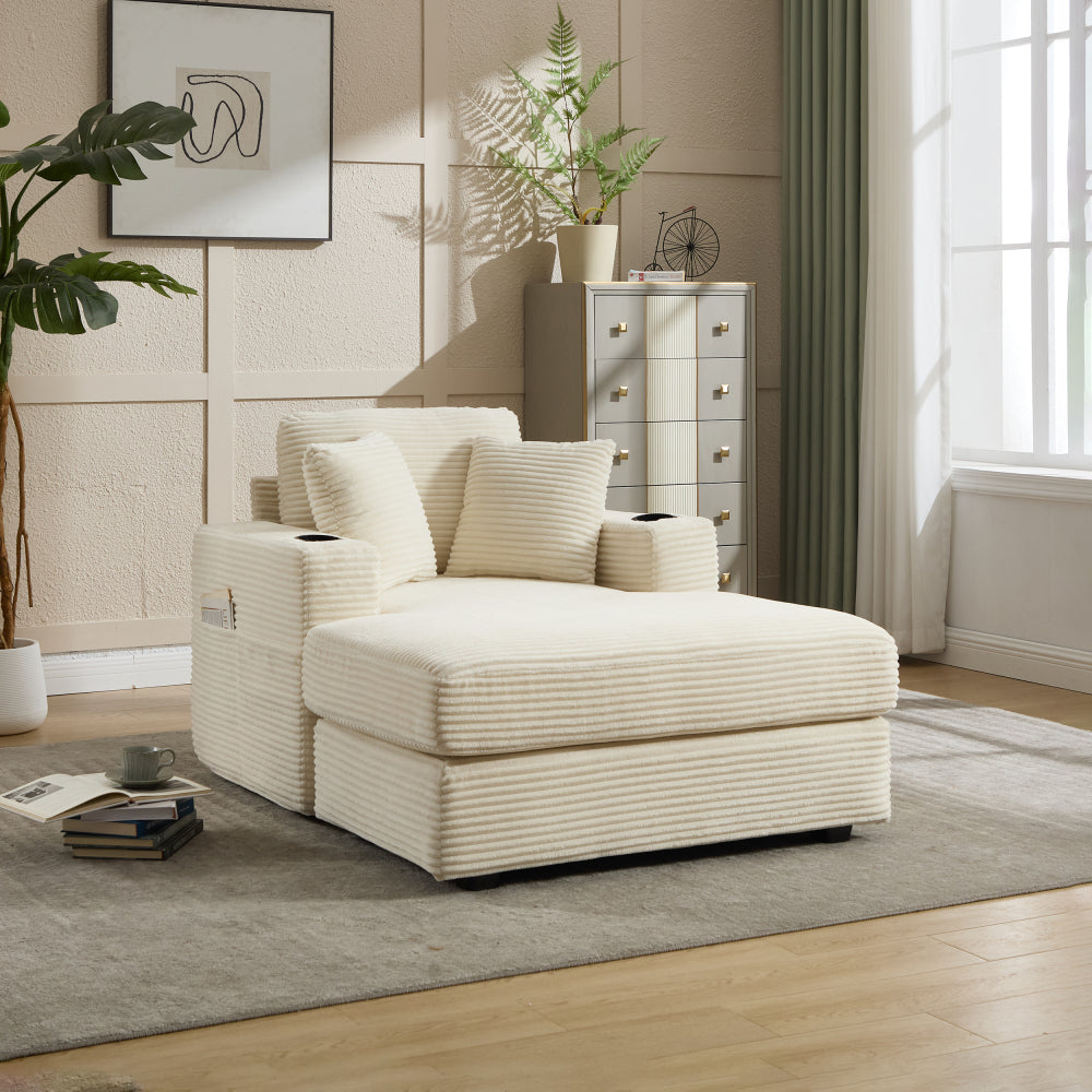 [VIDEO/New]Corduroy Upholstered Chaise Lounge Sofa with Handrail storage ,Movable ottoman,Cupholders,Detachable Cushions Deep Seat for Living Room Office,3 colour