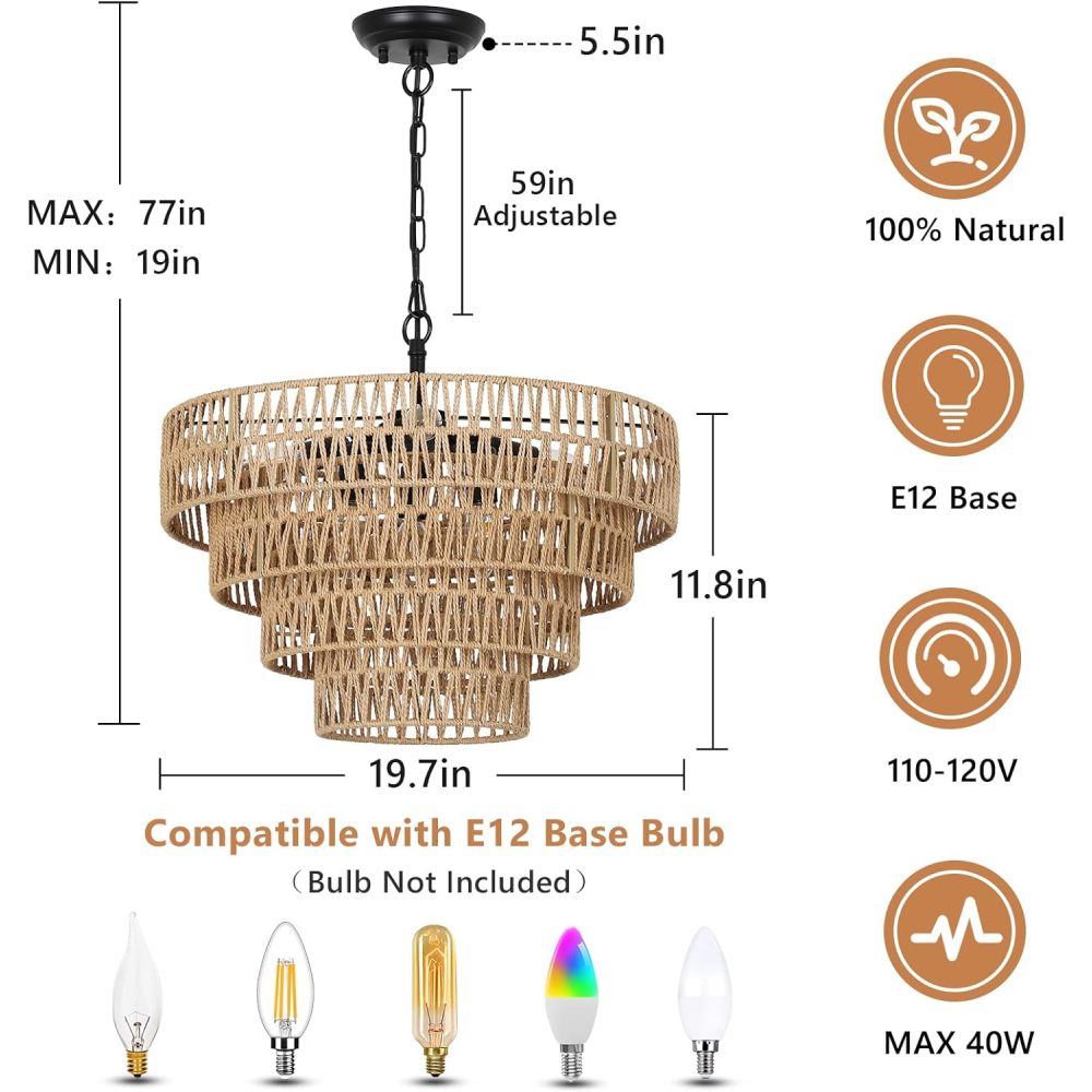 Boho Rattan Chandelier, 6-Light Dining Room Light Fixture, Wicker Pendant Lighting with 4-Tier Woven Lampshade, Large Farmhouse Chandeliers for Dining Room Bedroom Kitchen Living Room(20")