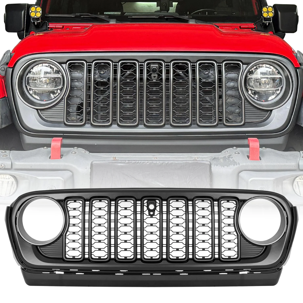 Front Mesh Grille Grid Grill for 2018-2024 Jeep Wrangler Rubicon Sahara Sport JL/JT Grill With Camera Hole Black Plastic