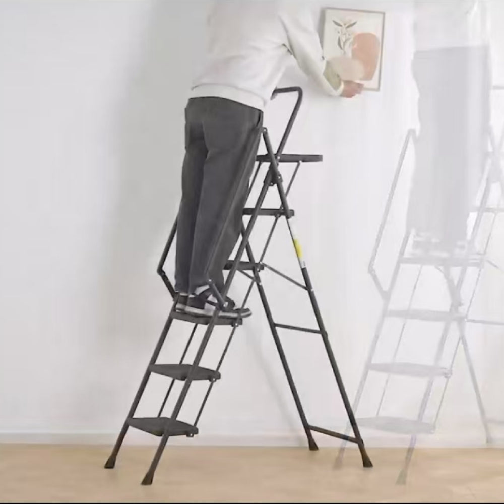 5-step ladder, foldable step stool with tool tray and wide non slip pedals, sturdy steel ladder, convenient handrails, lightweight portable steel step stool