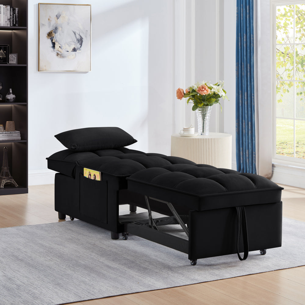 4 in1 Multi-Function Single Sofa Bed with Storage Pockets,Tufted Single Pull-out Sofa Bed with Adjustable Backrest and Pillows ,Convertible  Chaise Lounge,Black