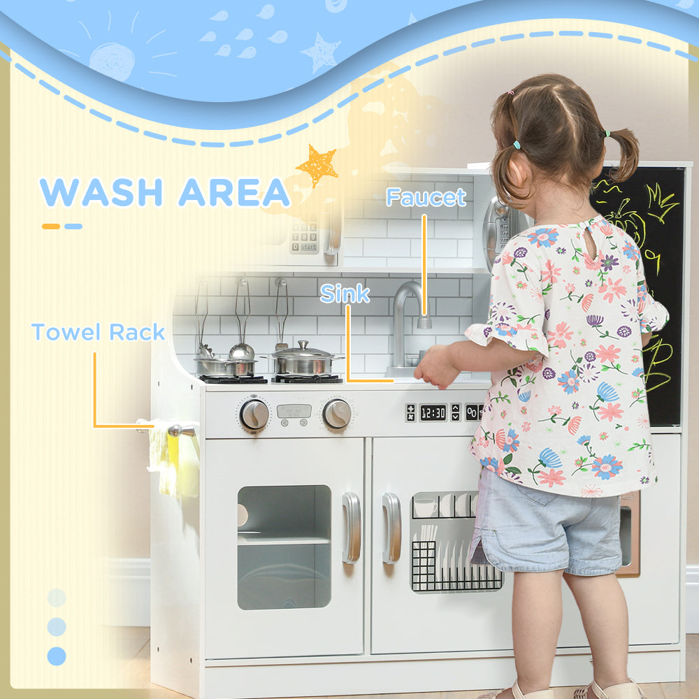 Qaba Play Kitchen, Kids Kitchen Playset Pretend Play Toy Kitchen with Play Phone, Chalkboard, Towel Rack, Ice Maker, 5 Accessories, Storage Space, Microwave & Sink, Gift for 3-8 Years, White
