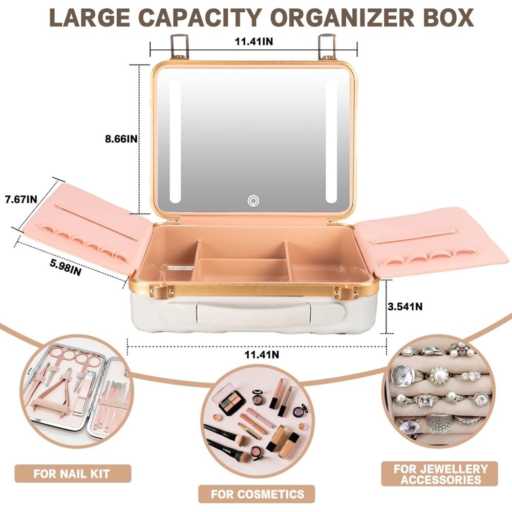 Makeup Case with LED Lighted Mirror Travel Makeup Train Case Cosmetic Organizer for Girls Makeup Artist, Makeup Tools, Hairstylist Travel White