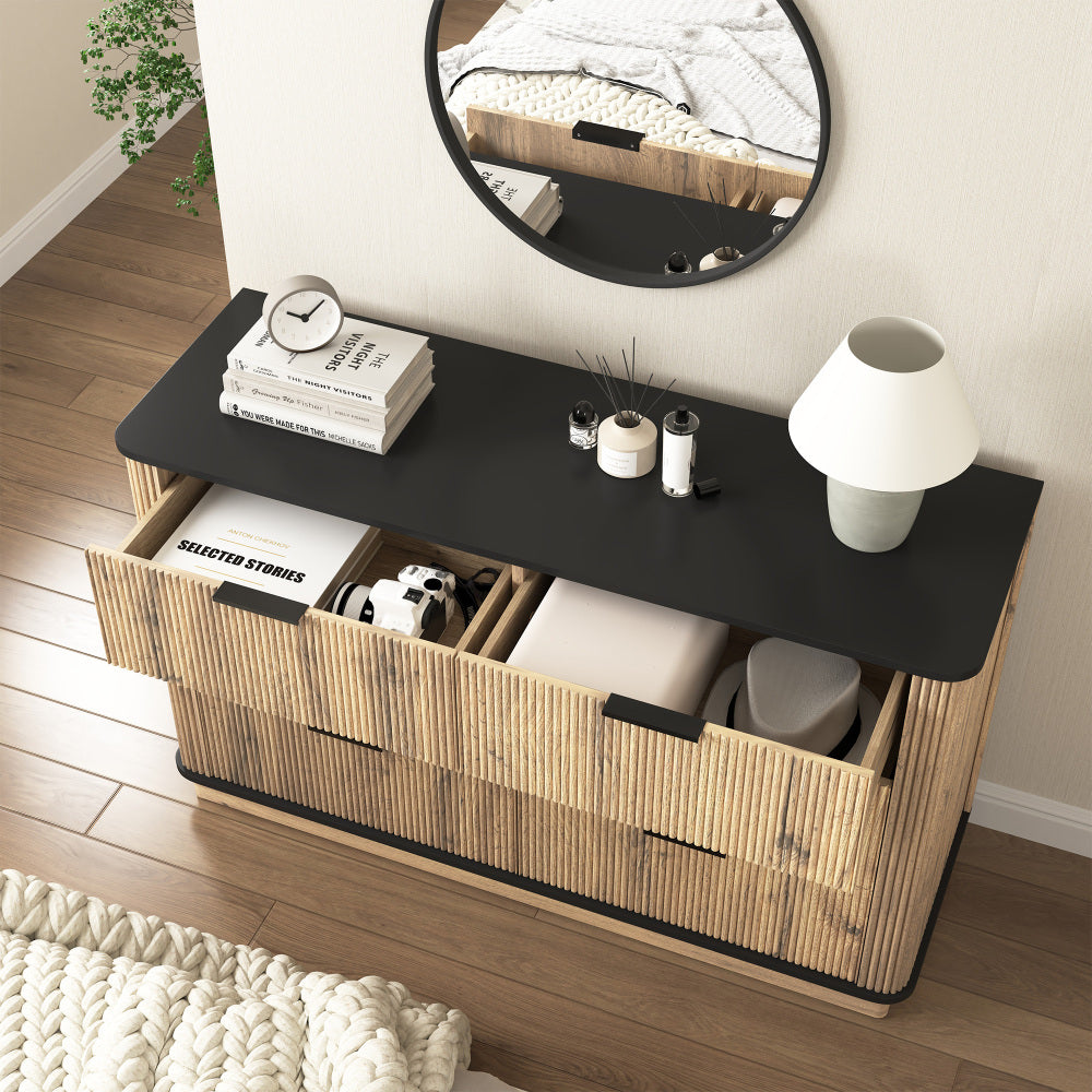 Modern Multi-functional Six-drawer MDF Cabinet,The perfect combination of rounded corners and multifunctional design, with Product Dimensions of 47.2*15.7*29.6 Inches.
