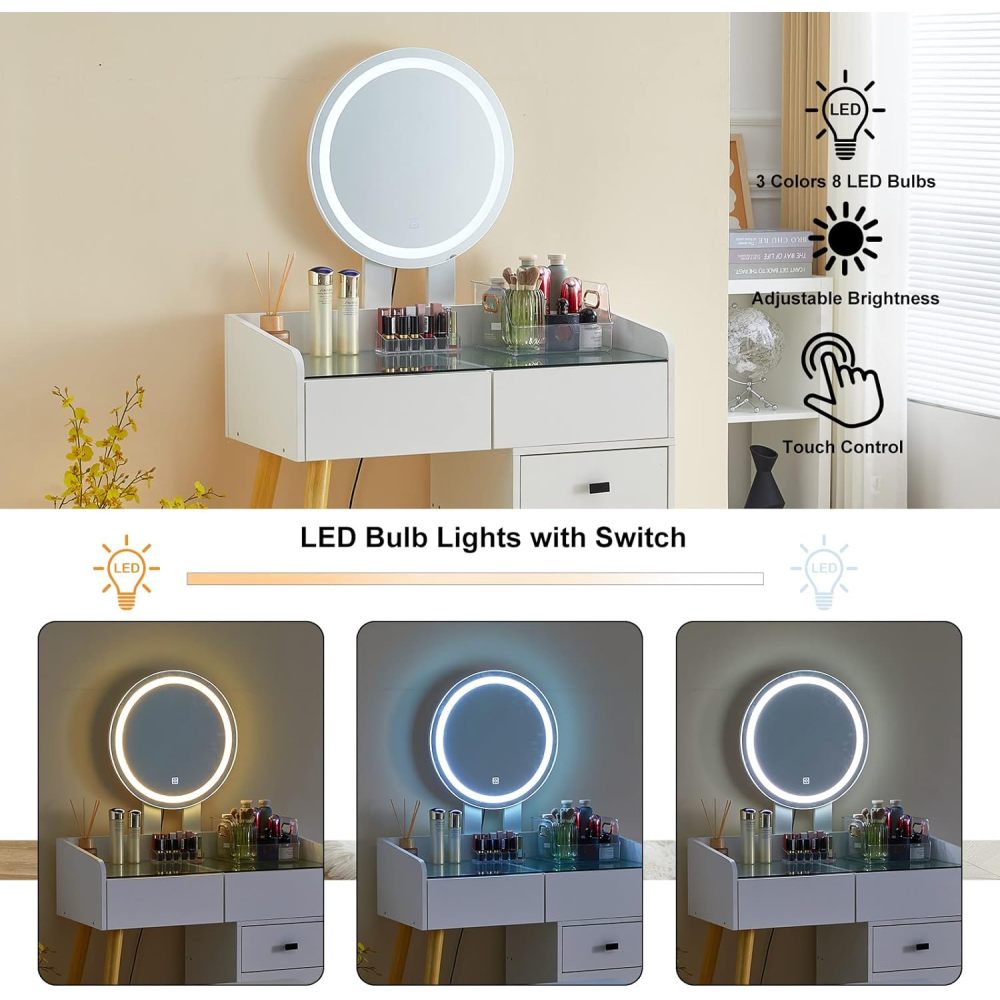 Dressing Table with LED Lights Glass Top Dressing Table with Extendable Side Table 5 Drawers Dressing Table with Mirror and Stool for Bedroom
