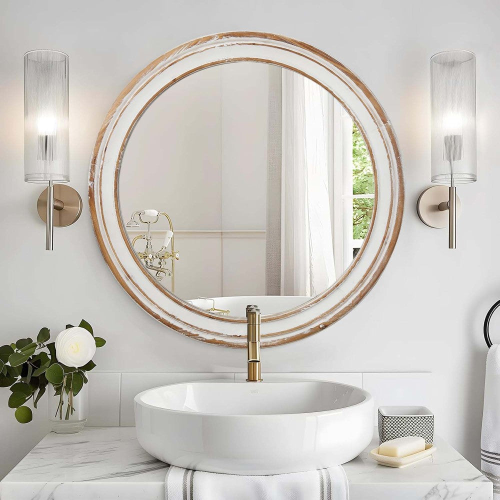 35.4 inches Round Wall Mirror for Bathroom Vanity, Wooden Farmhouse Circle Mirrors for Bedroom, Entryway, Living Room, Kithen Whitewash Edge Decorative Mirror for Home, Office
