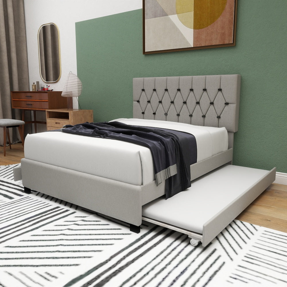 GRAY QUEEN SIZE TRUNDLE PULL OUT DRAWERS STORAGE UPHOLSTERED BED MODERN  DESIGN NO BOX SPRING REQUIRED