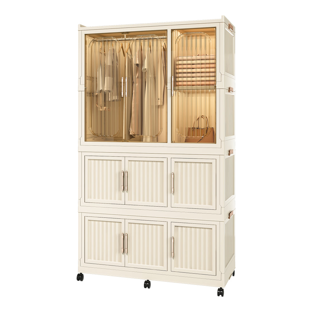 Portable Wardrobe Closet Storage Organizer for Clothes,Clothes Dresser,9 Magnetic Doors-9 Cubes & 1 Hanging Rod,6 pcs hangers , Baby Wardrobe Storage Cabinet,White