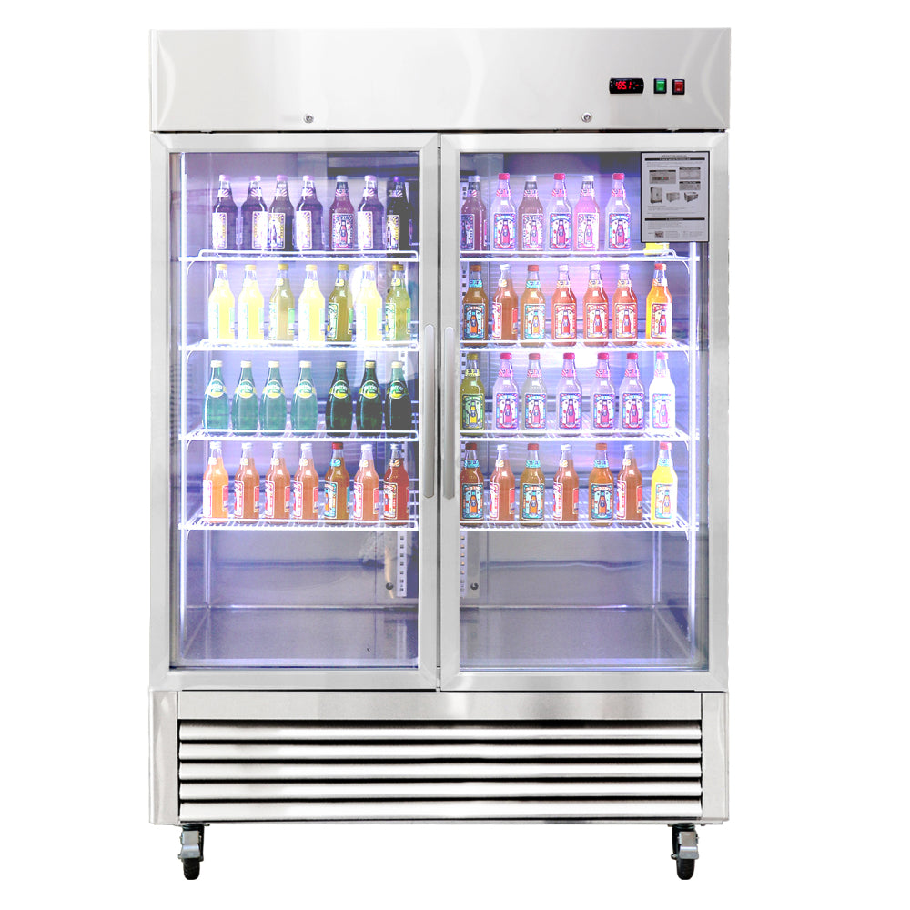 54"W Commercial Refrigerator 2 Glass Door Stainless Steel Interior and Exterior Construction Display Refrigerator 42.2 Cu.ft. Reach-in Merchandising Refrigerator Upright Fan Cooling Merchandiser