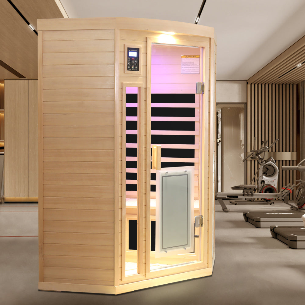 Low EMF Front door with heating panel Two persons Hemlock Far infrared corner Indoor sauna room