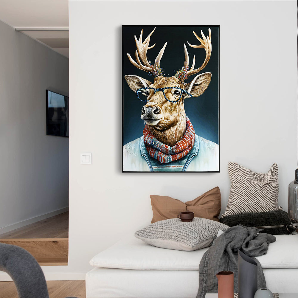 Vintage Deer Canvas Wall Art with Glasses and Scarf Animal Portrait British Countryside Home Decor Premium Gallery Wrapped Art Print for Study Room Living Room decorative picture painting