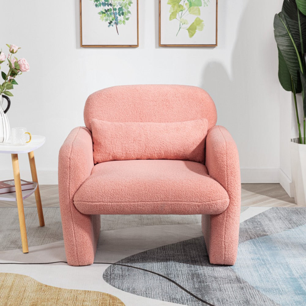 Stylish and Minimalist Teddy Fleece Single Sofa Chair with Arms and Pillow, Armchair, Accent Chair for Living Room, Bedroom, Study,Pink