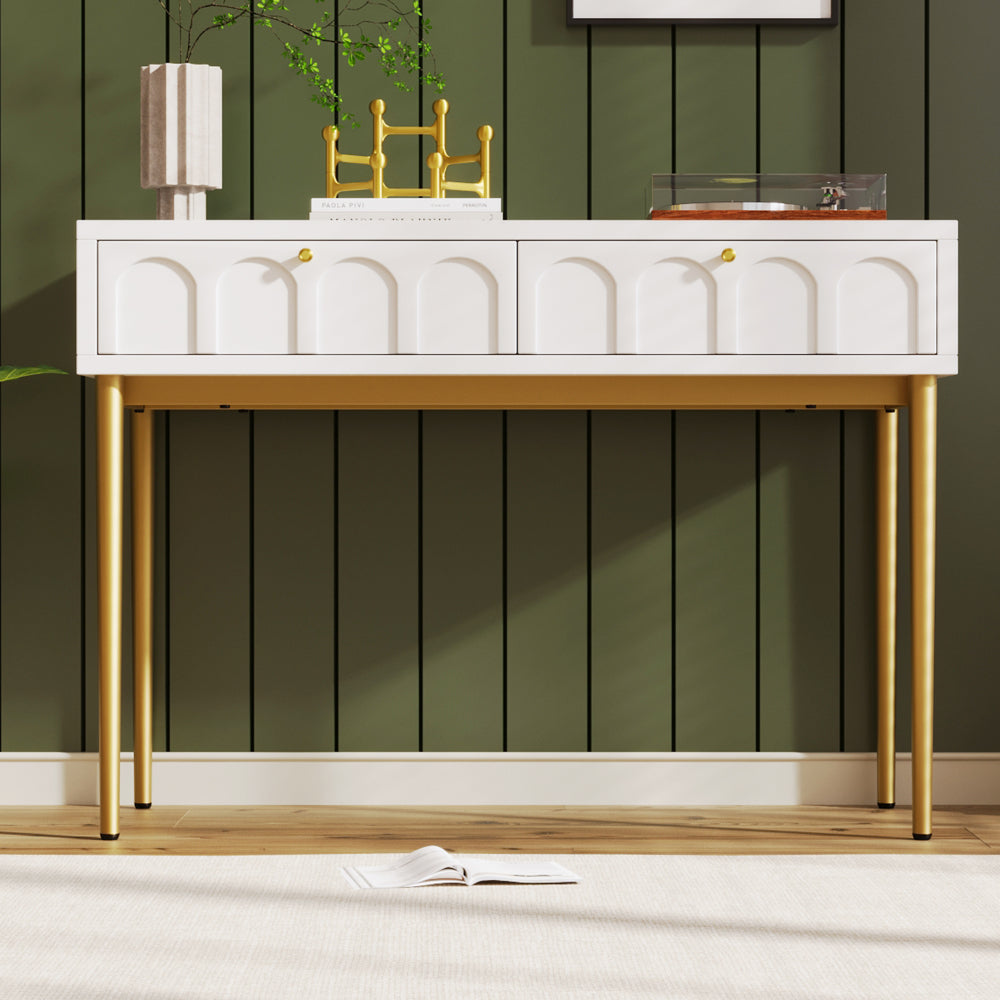 Modern metal leg double drawer dressing table, combining high-quality wood and metal, simple style, multifunctional dressing table, suitable for bedroom, living room, and office use