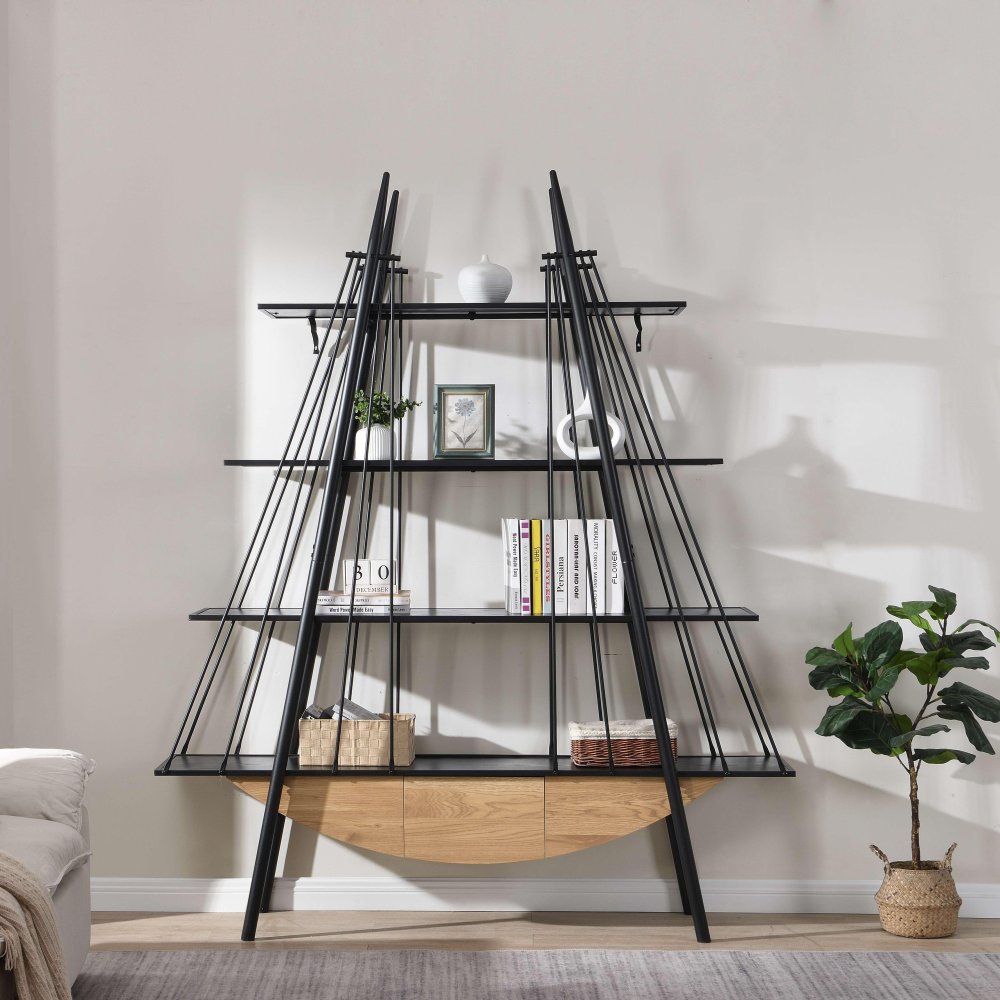 Sailboat-Inspired Bookshelf, 70.87 inch Industrial 4-Tier Open Storage Shelf with Drawer, Wooden & Metal Freestanding Bookcase, Sturdy Display Rack for Living Room, Office & Home Decoration.