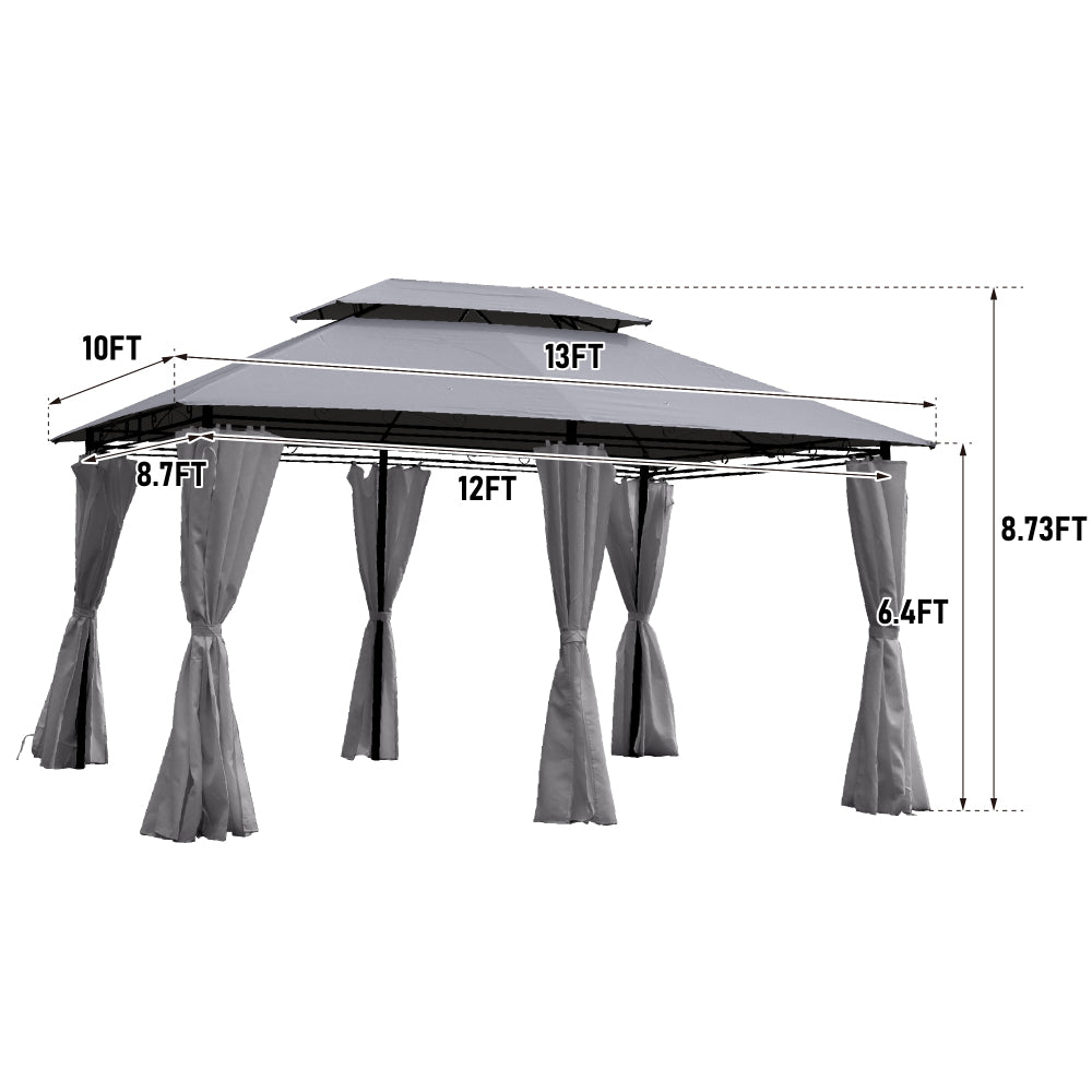 13x10 Outdoor Patio Gazebo Canopy Tent With Ventilated Double Roof And SideWall(Detachable Curtain Included On All Sides),Suitable for Lawn, Garden, Backyard and Deck,GREY
