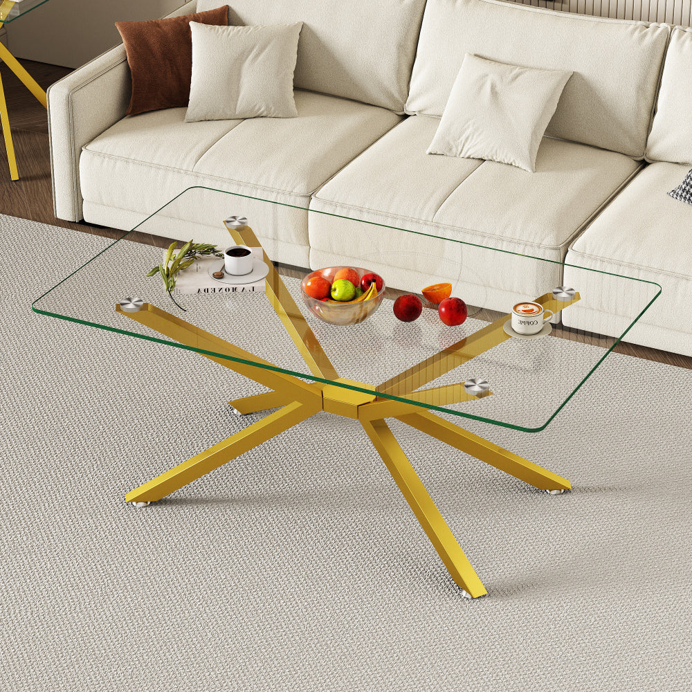 39.37" Rectangular Clear Tempered Glass Coffee Table,Stylish Design with Black Metal Legs, Coffee Table for Living Room