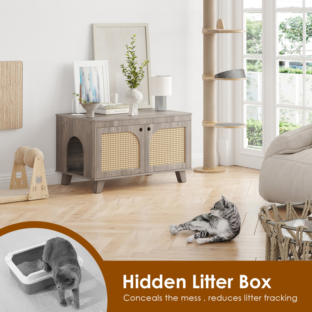 Flip Top Hidden Cat Litter Box Enclosure Furniture Cabinet with Rattan Decorated Doors for Your Home, Two Entrances