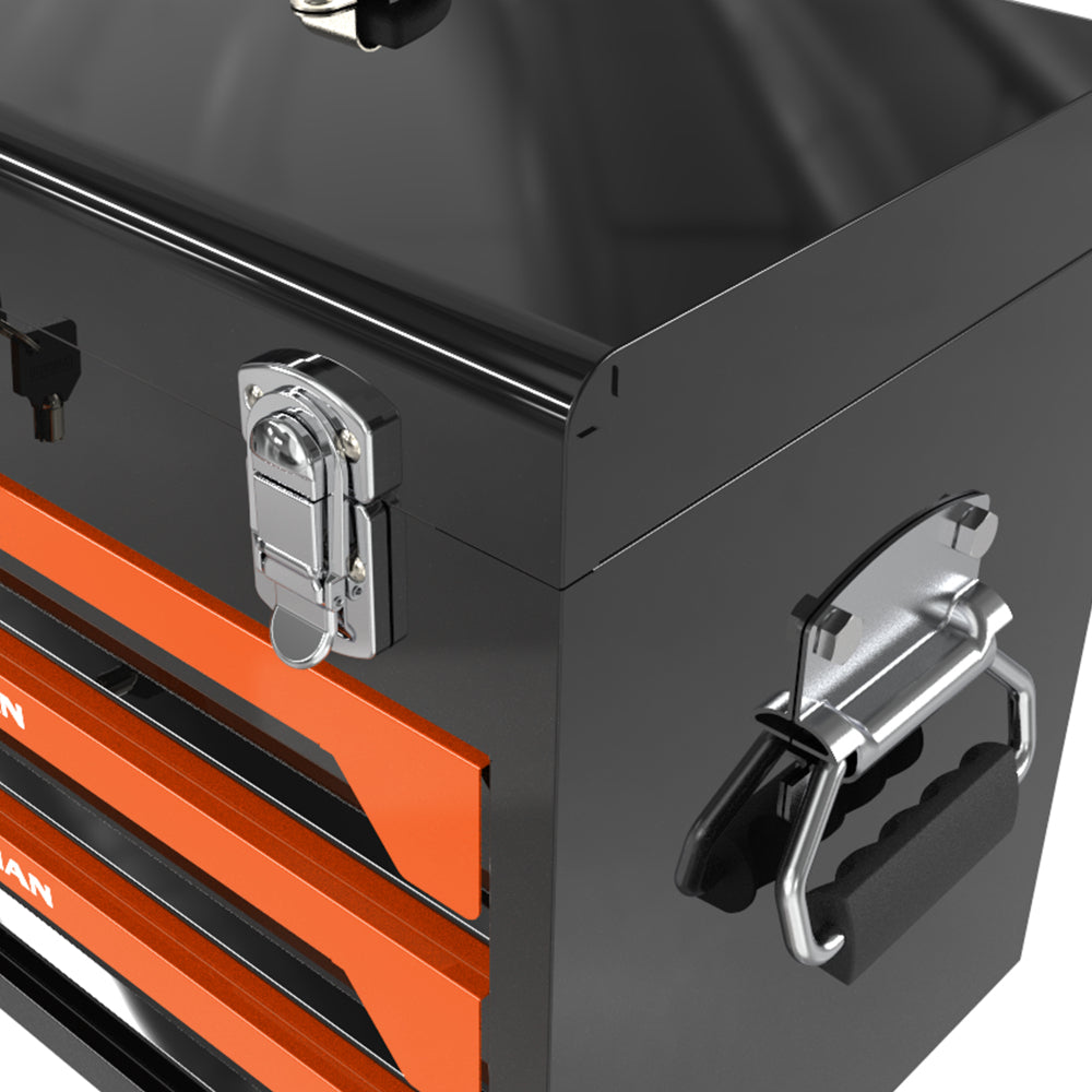 20'' Portable 3-Drawer Steel Toolbox, 4 Layers of Tools with Metal Latches, with Top Storage Tray and carrying Handle, Multi-Function Tool Storage for Garage, Home, or Workbench ,Black&Orange
