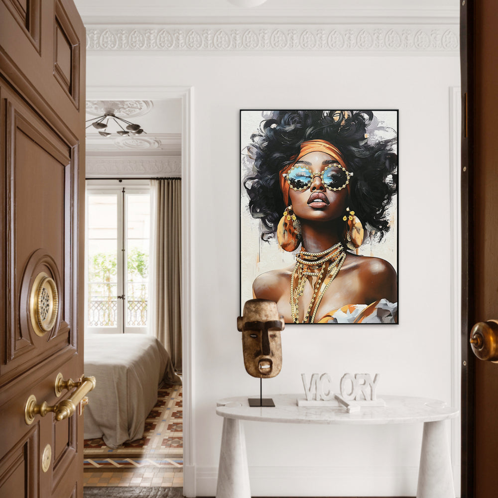 African American Woman Canvas Wall Art Black Girl with Curly Hair Sunglasses Orange Headwrap Earrings and Necklaces Modern Afrocentric Decor for Living Room Bedroom Office decorative picture