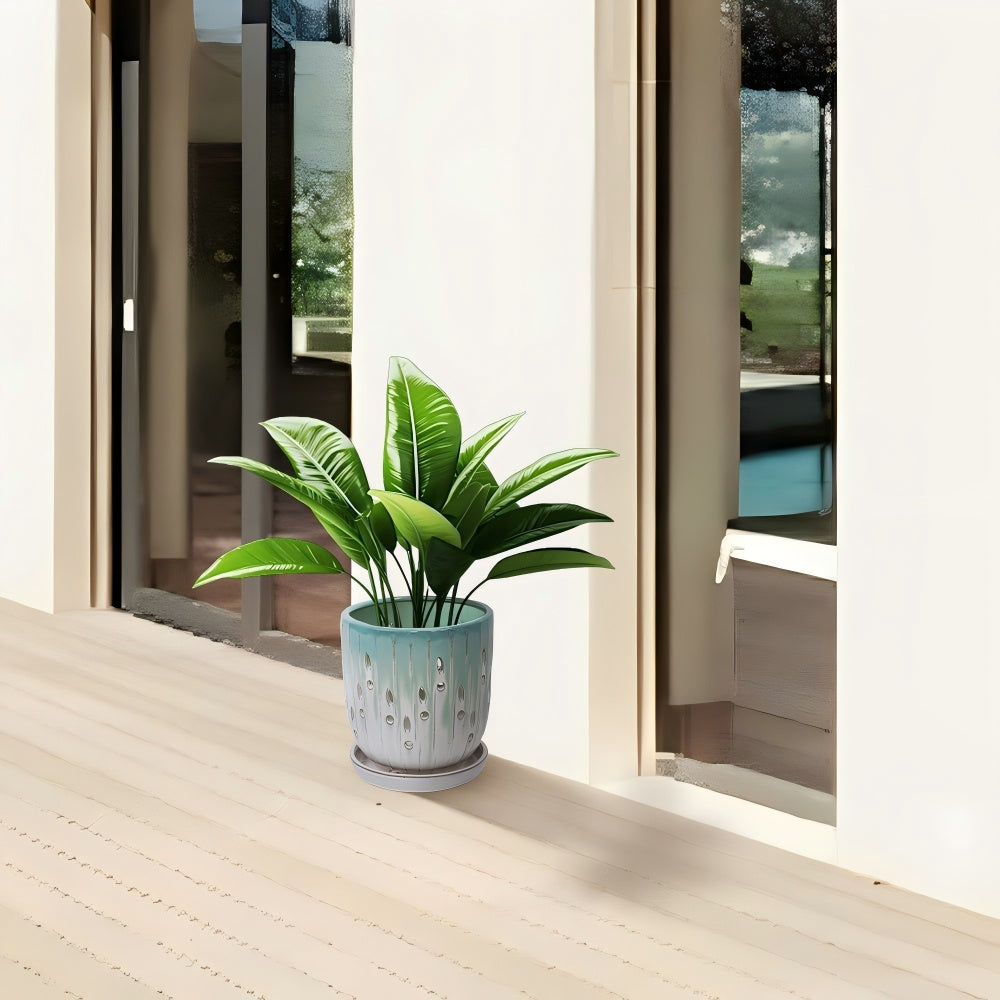 Set of 2 Ceramic Flowerpot with Drainage Hole, 8" Modern Planter for Patio, Garden, Windowsill - White Green