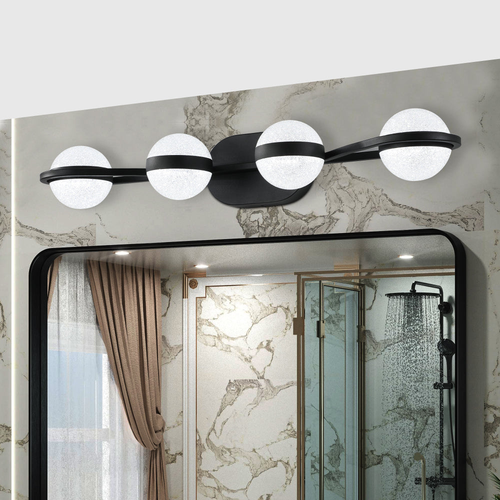 (Same as W1340P143677/L2001-B-4) 30" Black Minimalist LED Bathroom Vanity Light with Crystal Sand Acrylic Shades, 4-Light Wall Mounted Decorative Lighting Fixture, Suitable for Bathroom Vanity Mirror