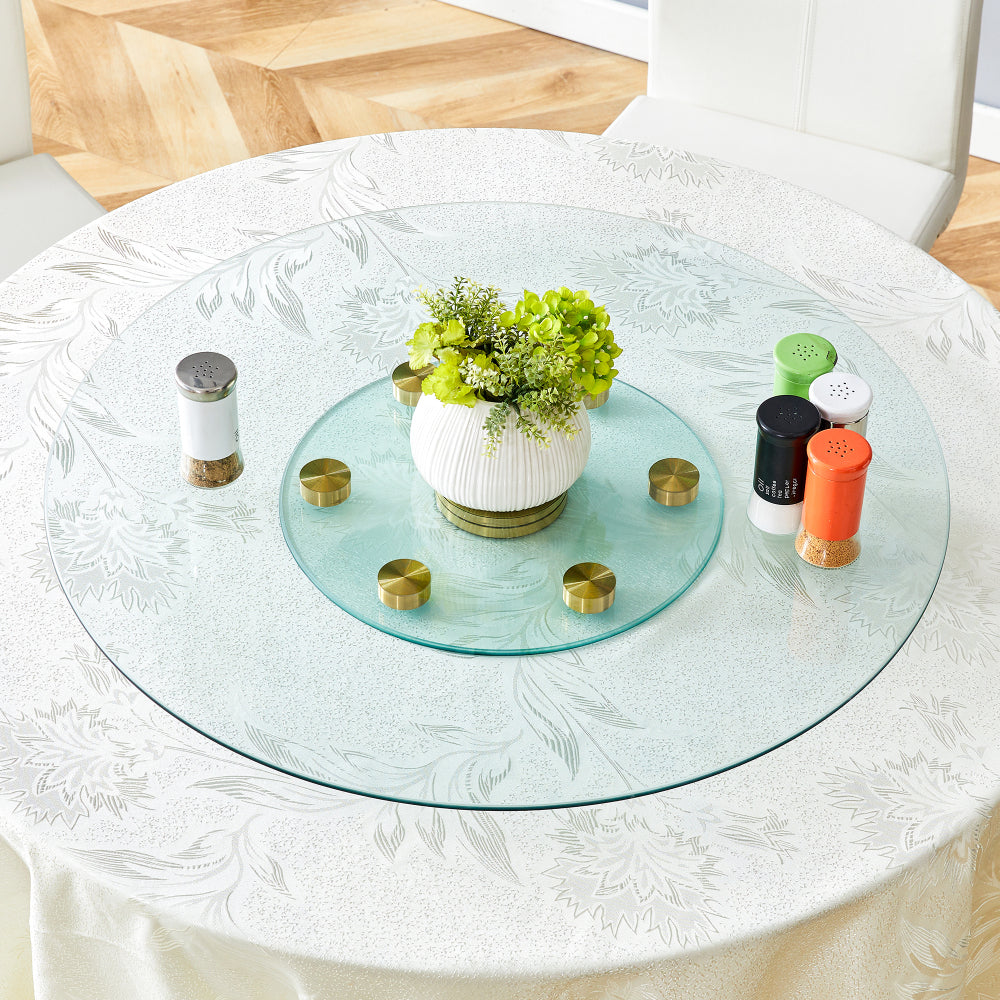 Double layer rotatable round glass.Golden aluminum plate,The rotatable design makes it convenient to retrieve and place items.The upper glass has a diameter of 20 inches,the lower glass15 inches.