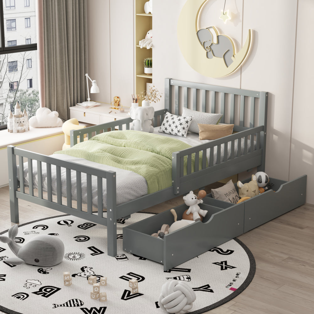 Twin Size Wood Platform Bed with Guardrails on Both Sides and Two Storage Drawers ,White