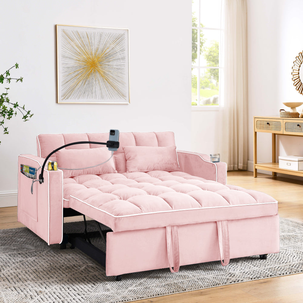 55.51 inch versatile foldable sofa bed in 3 lengths, modern sofa sofa sofa velvet pull-out bed, adjustable back and with USB port and ashtray and swivel phone stand (Black)