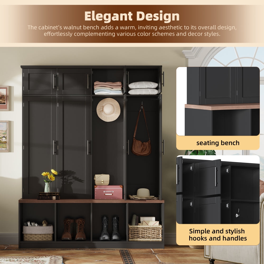 [Assembly Video Provided] ON-TREND Farmhouse Hall Tree with 4 Hidden Hanging Hooks, Versatile Walnut Seating Bench with 8 Doors, Entryway Shoe Cabinet with Open Compartments for Living Room, Black
