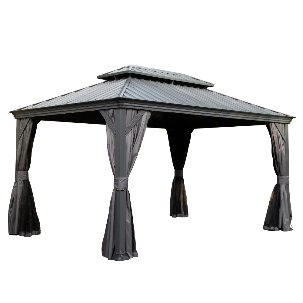 10' X 14' Hardtop Gazebo, Upgraded Metal Gazebo with Drainage System, Dual-Layer Galvanized Steel Roof, Curtain and Netting, Outdoor Shelter Canopy for Patio, Garden, and Backyard, Grey