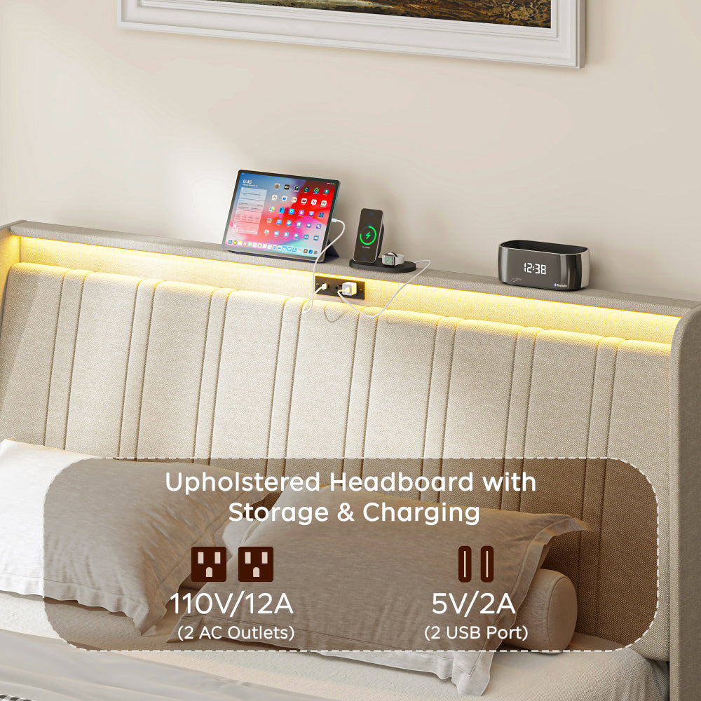 Twin Size Platform Bed Frame with Fabric Upholstered Headboard and Wooden Slats Support