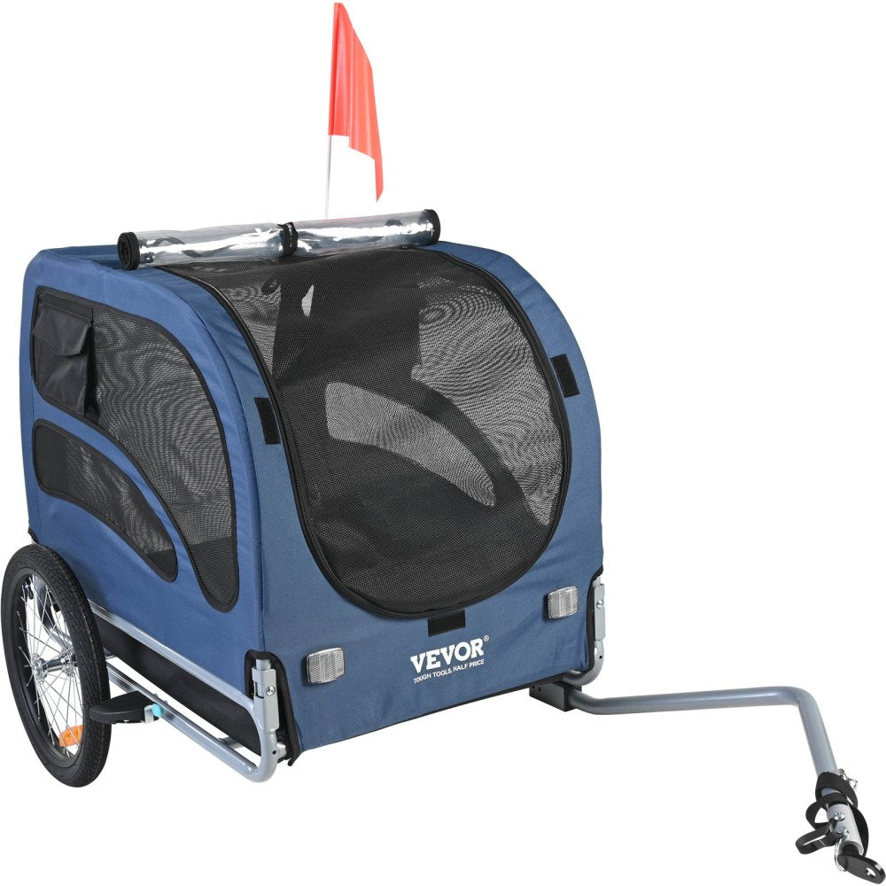 Dog Bike Trailer, Supports up to 100 lbs, Pet Cart Bicycle Carrier, Easy Folding Frame with Quick Release Wheels, Universal Bicycle Coupler, Reflectors, Flag, Collapsible to Store, Blue/Black