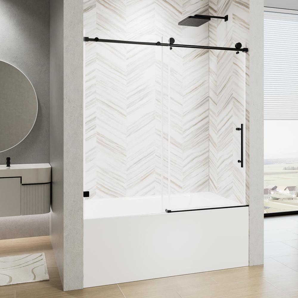 60" W x 60" H Frameless Single Sliding Shower Door, Soft-Close Matte Black Bathtub Door, 5/16" (8mm) Clear Nano-Coated Tempered Glass with Stainless Steel Handle