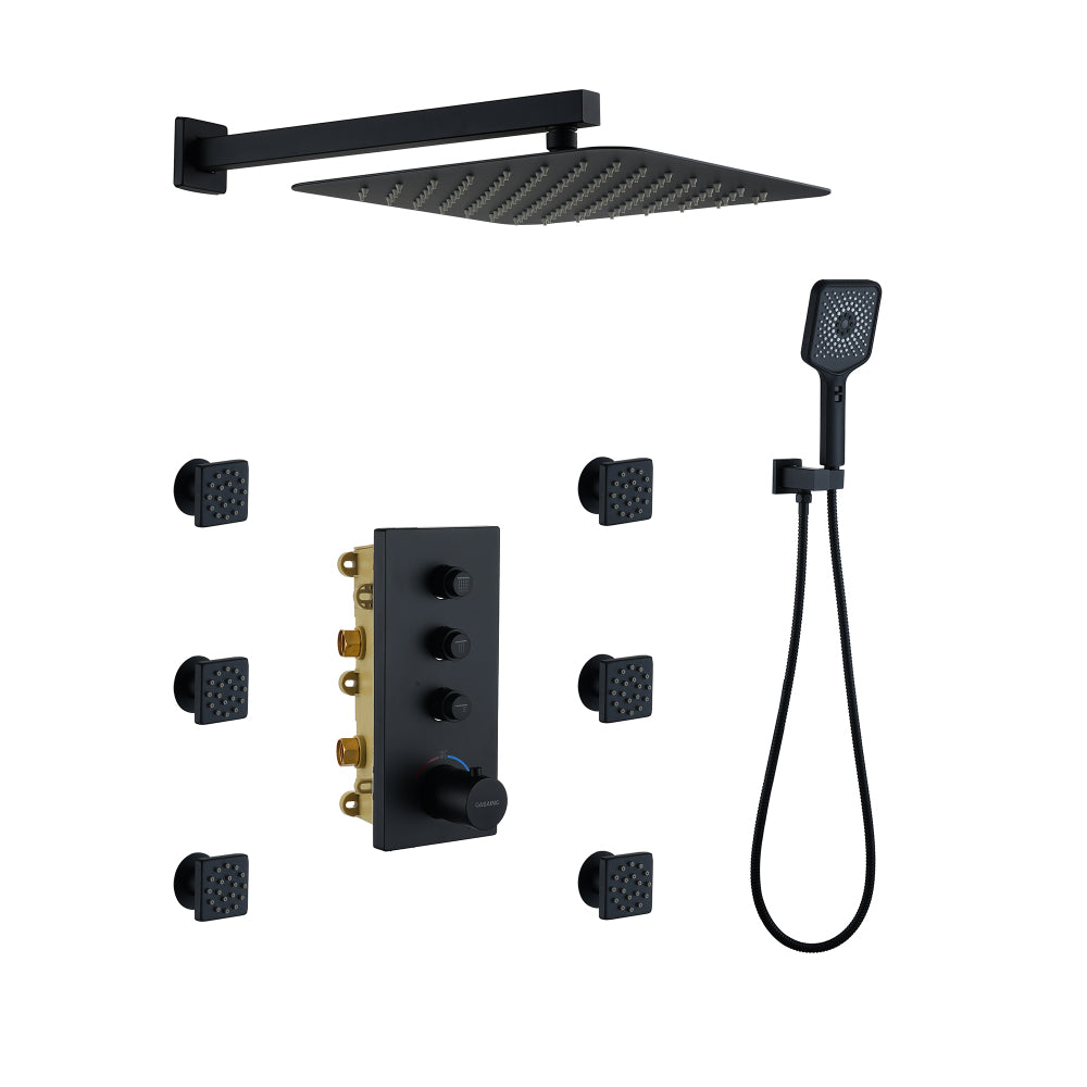 3 Functions 12 Inch Ceiling Mounted Thermostatic Shower System in Matte Black