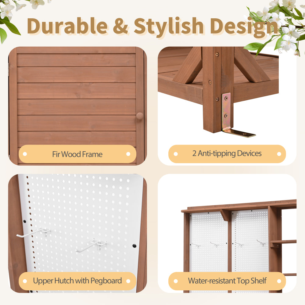 [Assembly Video] TOPMAX Fir Wood Potting Bench with Hutch, Garden Workstation for Planting, 4 Shelves & Adjustable Storage, Pegboard with Hooks, 50.2''Countertop, Drawer & Cabinet, Brown
