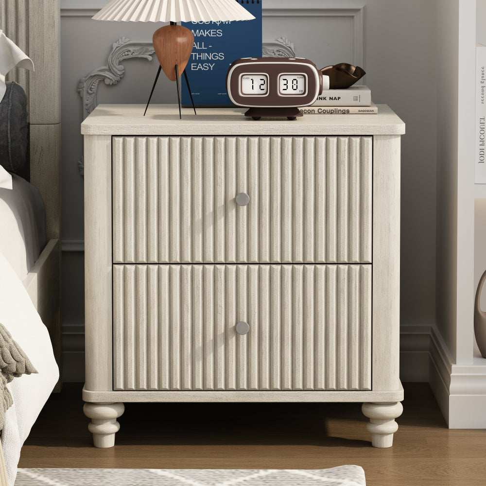 Fluted Nightstand, 21.65" Wide Side Table with 3 Drawers, Mid Century Modern Wood NightStand with Metal Handle, Wooden Bedside End Table for Bedroom, Living Room, Closet, Beige