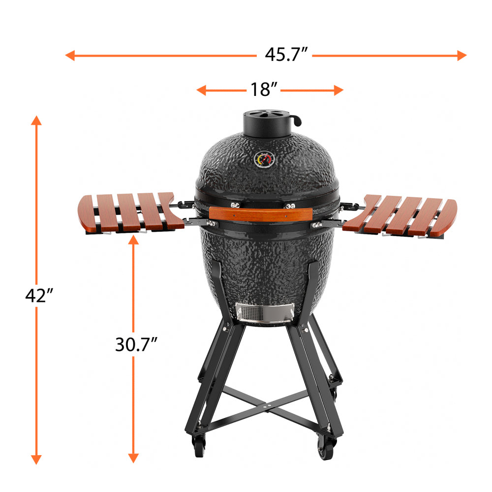 18" W Kamado Portable Charcoal Grill with Side Shelves and Cover, Black