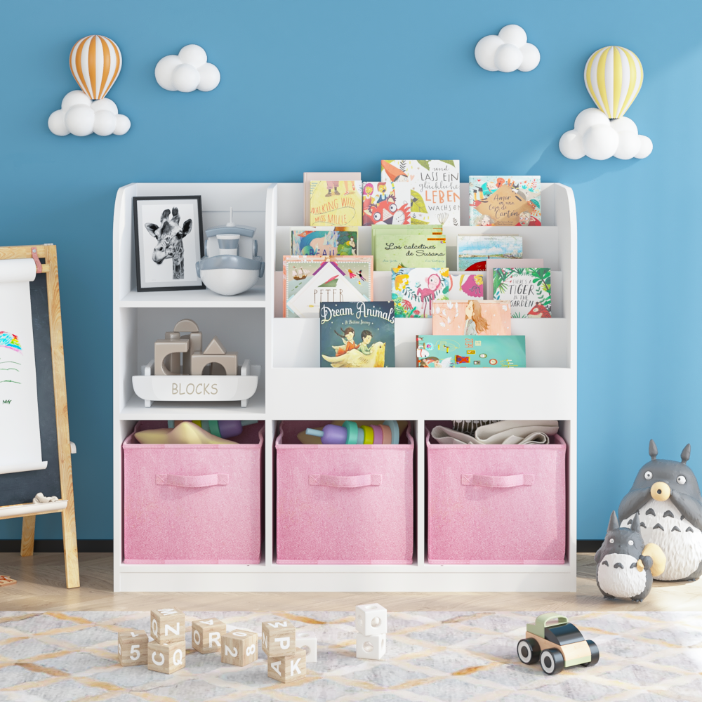 Kids Bookcase and Bookshelf, Multifunctional Bookcase with 3 Collapsible Fabric Drawers, Bookcase Display Stand, Toy Storage Organizer for Bedroom, Playroom, Hallway (White/Pink)