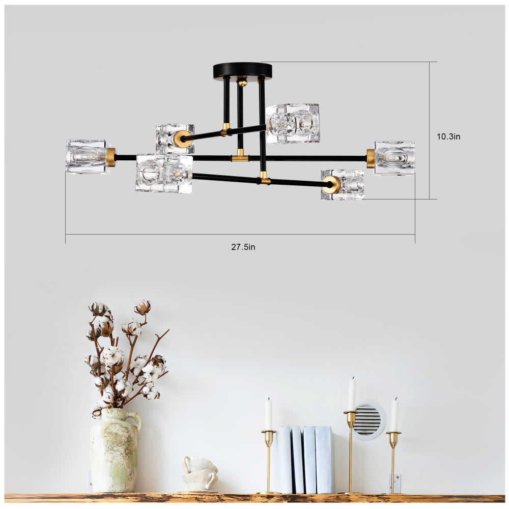 Modern Ceiling Lamp with  Light Fixture (6*G9 Bulbs Included),Modern Semi Flush Mount Light Fixture Crystal Chandelier for Dining Room, Bedroom, Living Room--Matte Black 
+Matte Gold