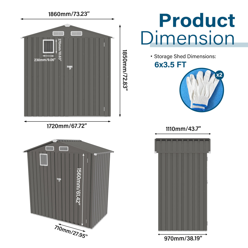 6X 3.5FT Metal Outdoor Storage Shed, Tool Shed with Peaked Roof Watertight with Clear Window and Lockable Door Compact Metal Tool Room for Garden, Backyard, Patio, Sundries and Bike Storage, Gray