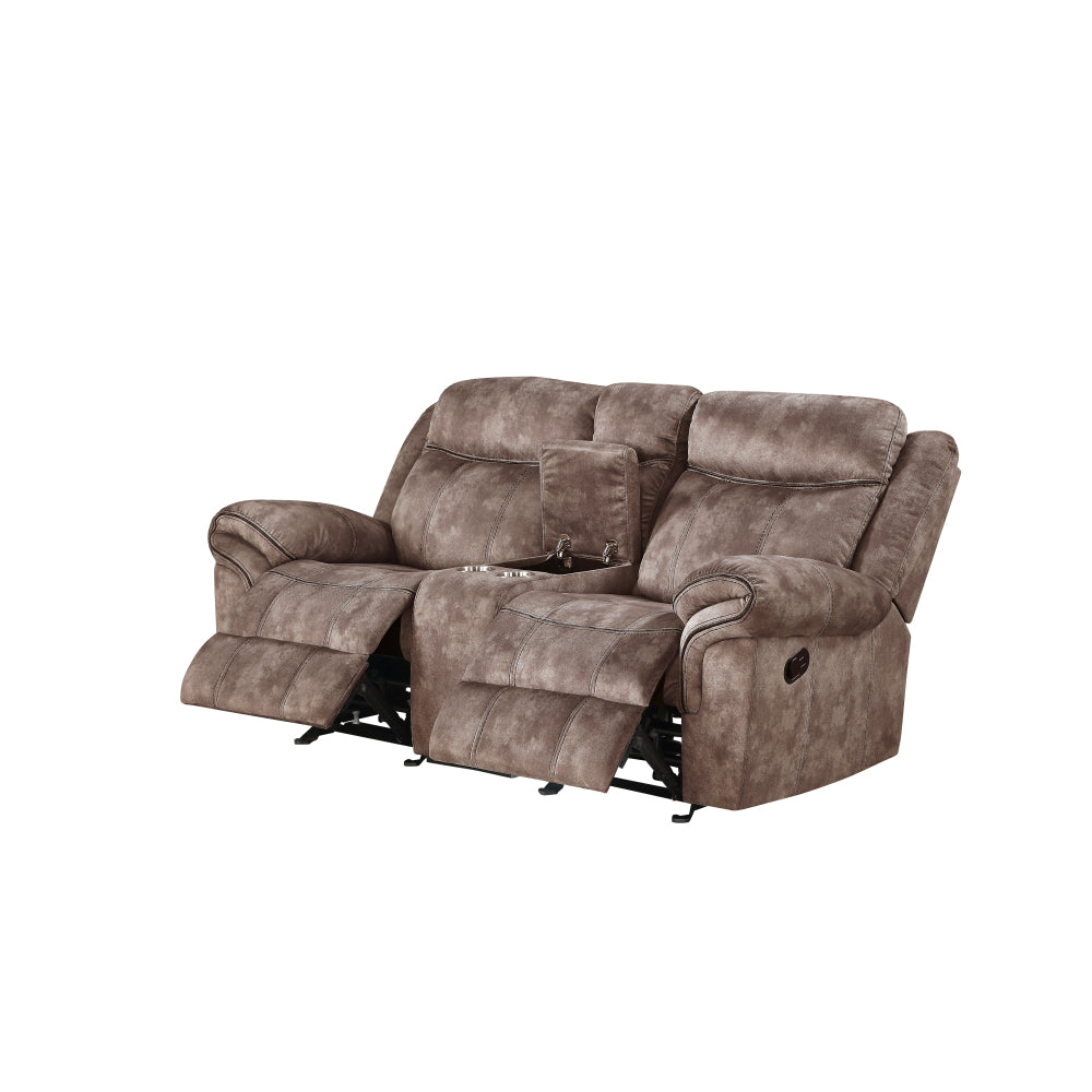 Zubaida Two Tone Chocolate Velvet Recliner Loveseat w/USB Port & Console