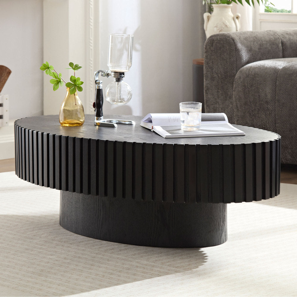 Modern Handcraft Drum Coffee Table Length 43.7 inch Ellipse Coffee Table for Living Room,Oval Small Coffee Table with Sturdy Pedestal,Walnut MDF