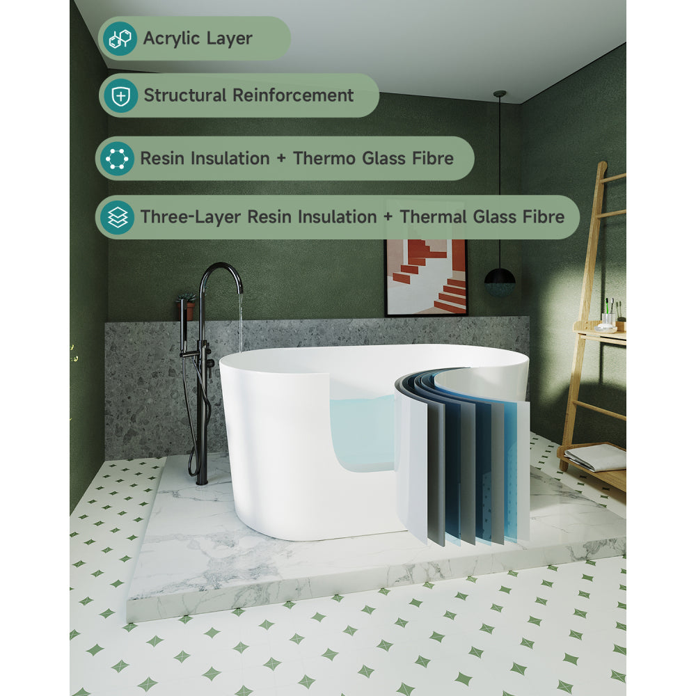 55" Acrylic Freestanding Bathtub, Small Soaking tub, Glossy White, Pop Up Chrome Drain, cUPC Certified